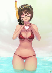 Rule 34 | 1girl, bikini, breasts, brown eyes, brown hair, cleavage, glasses, goggles, goggles on head, heart, heart-shaped pupils, heart hands, highres, instant ip, navel, original, parted lips, red bikini, short hair, snorkel, solo, swimsuit, symbol-shaped pupils, thigh gap, thighs, wading, wet
