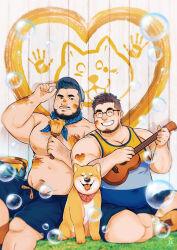 Rule 34 | 2boys, ^ ^, abs, absurdres, adjusting clothes, adjusting headwear, air bubble, animal print, bara, baseball bat, beard, belly, blue shorts, brown hair, bubble, bulge, chest hair, closed eyes, couple, covered navel, daisukebear, dog, facial hair, feet out of frame, flag request, gradient hair, graffiti, green hair, grin, guitar, heart, heart print, highres, instrument, large pectorals, looking at another, male focus, mature male, multicolored hair, multiple boys, muscular, muscular male, music, mustache, navel, navel hair, nipples, original, paint on body, pectoral cleavage, pectorals, playing instrument, raised eyebrow, shiba inu, short hair, shorts, side-by-side, sideburns, sidepec, sitting, smile, stomach, strongman waist, thick eyebrows, tongue, tongue out, topless male, undercut, yaoi