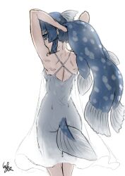 Rule 34 | 1girl, alternate costume, arms up, back, blue eyes, blue hair, braid, closed mouth, coelacanth (kemono friends), dark blue hair, dress, eyelashes, fins, fish tail, from behind, hair lift, head fins, kemono friends, kemono friends 3, kishida shiki, legs together, light smile, long hair, looking back, median furrow, multicolored hair, nape, see-through, see-through dress, see-through silhouette, shoulder blades, side braid, sideways glance, signature, solo, spaghetti strap, standing, tail, very long hair, white dress