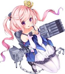 Rule 34 | 1girl, :d, anchor, azur lane, bare shoulders, black footwear, black ribbon, blush, bow, bridal gauntlets, chain, crown, diamond (shape), dress, eyebrows, eyes visible through hair, fingernails, full body, gem, hair ribbon, interlocked fingers, juno (azur lane), kaede (yumesaki kaede), knees together feet apart, long fingernails, long hair, long sleeves, machinery, mini crown, off shoulder, official art, open mouth, own hands together, pantyhose, pink bow, pink eyes, pink hair, ribbon, shoes, smile, solo, tareme, tongue, torpedo, transparent background, turret, twintails, white pantyhose