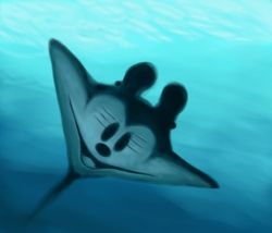 Rule 34 | :d, animal, blue theme, disney, full body, looking back, manta ray, mickey mouse, mogera, mogera3, monochrome, no humans, open mouth, smile, smiley face, underwater, water
