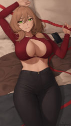 Rule 34 | 1girl, black pants, blush, breasts, brown hair, cleavage, cleavage cutout, clothing cutout, dress, earrings, genshin impact, green eyes, high-waist pants, highres, jewelry, large breasts, lisa (genshin impact), long sleeves, looking at viewer, lying, medium hair, midriff, necklace, on back, on bed, pants, phone, red shirt, revision, shirt, smile, solo, twitter username, zaphn