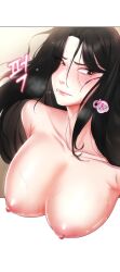 Rule 34 | 1girl, artist request, black eyes, black hair, blush, breasts, cleavage, collarbone, highres, huge breasts, large breasts, lee yujin, long hair, looking to the side, mole, mole under eye, nipples, scan, screencap, solo, topless, uncensored, using eroge abilities in real life (manhwa), white background