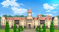 Rule 34 | balcony, blue sky, building, bush, chimney, clock, clock tower, cloud, cloudy sky, commentary request, day, door, grass, nagitake (pixiv30710477), no humans, plant, potted plant, scarlet devil mansion, scenery, sky, stone walkway, touhou, tower, tree, window