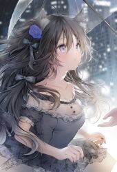 Rule 34 | 1girl, 1other, animal ear fluff, animal ears, antenna hair, black hair, black nails, bow, breasts, buttons, city, city lights, cleavage, collarbone, commentary request, crying, dress, flower, hair bow, hair flower, hair ornament, highres, long hair, looking at another, messy hair, off-shoulder dress, off shoulder, original, out of frame, outdoors, parted lips, purple eyes, rain, see-through, see-through dress, short sleeves, signature, small breasts, solo focus, twitter username, umbrella, yoruhoshi owl