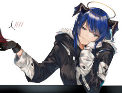 Rule 34 | 2girls, arknights, arm support, asymmetrical gloves, black gloves, black jacket, blue eyes, blue hair, commentary, demon horns, english commentary, exusiai (arknights), fur-trimmed hood, fur trim, gloves, half-closed eyes, halo, highres, hood, hood down, hooded jacket, horns, hsteetee, jacket, long hair, long sleeves, mismatched gloves, mostima (arknights), multiple girls, out of frame, parted lips, playing with another&#039;s hair, red hair, simple background, sitting, speech bubble, spoken blush, upper body, white background, white gloves, yuri