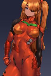 Rule 34 | 1girl, absurdres, blue eyes, bodysuit, breasts, brown hair, curvy, evangelion: 3.0 you can (not) redo, expressionless, eyepatch, highres, long hair, looking at viewer, medium breasts, neon genesis evangelion, pizzalover12, plugsuit, rebuild of evangelion, red bodysuit, shiny clothes, shiny skin, simple background, skin tight, solo, souryuu asuka langley, standing, two side up, very long hair, wide hips