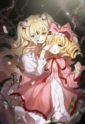 Rule 34 | 2girls, arm grab, bad id, bad pixiv id, blonde hair, blurry, blush, bow, covering another&#039;s eye, crying, crying with eyes open, curly hair, depth of field, doll joints, dress, eyepatch, flower, food, fruit, hair between eyes, hair bow, hair flower, hair ornament, highres, hinaichigo, joints, kirakishou, long hair, looking at another, mp (h mirus), multiple girls, parted lips, pink bow, plant, red ribbon, ribbon, rose, rozen maiden, shinku, smile, strawberry, suigintou, tears, two side up, very long hair, vines, white dress, white flower, white rose, yellow eyes