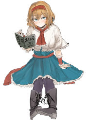 Rule 34 | 1girl, alice margatroid, arm up, black nails, blonde hair, blue dress, blue eyes, book, boots, capelet, cross-laced footwear, dress, fingernails, floating, frilled skirt, frills, grey footwear, grey pantyhose, hair between eyes, hairband, head tilt, levitation, looking at viewer, nail polish, neck ribbon, necro (nekurodayo), open book, outstretched legs, pantyhose, red ribbon, ribbon, sash, short hair, simple background, sitting, skirt, slit pupils, solo, thick eyebrows, touhou, white background, white capelet, wrist cuffs