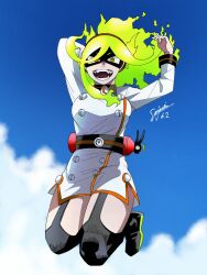 Rule 34 | 1girl, ankle boots, arms up, artist request, belt, belted dress, black thighhighs, boku no hero academia, boots, breasts, brown eyes, burnin (boku no hero academia), buttons, clenched hands, cloud, cloudy sky, collared dress, crazy eyes, day, double-breasted, dress, eye mask, eyebrows visible through mask, eyelashes, facing viewer, fangs, feet up, female focus, fiery hair, fire, fire extinguisher, full body, garter straps, green fire, green hair, hair between eyes, hair ornament, hairband, highres, jacket, jumping, kamiji moe, large breasts, legs, legs together, long hair, long sleeves, looking at viewer, mask, neck, open mouth, outdoors, red hairband, short dress, side slit, sidelocks, signature, sky, suit jacket, thick thighs, thighhighs, thighs, tight clothes, tight dress, v-shaped eyebrows, white dress, wide ponytail