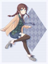 Rule 34 | 10s, 1girl, anchor symbol, ankle boots, argyle, argyle background, argyle clothes, artist request, baseu, black thighhighs, blue background, boots, braid, brown hair, collared shirt, green eyes, jacket, kantai collection, leg up, long hair, long sleeves, necktie, noshiro (kancolle), shirt, shorts, sidelocks, thighhighs, twin braids