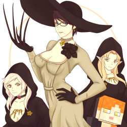 Rule 34 | 4girls, absurdres, alcina dimitrescu, alcina dimitrescu (cosplay), alex (minecraft), bayonetta, bayonetta (series), bayonetta 2, black gloves, black hair, black headwear, blue eyes, breasts, claws, cleavage, cosplay, dress, earrings, fire emblem, fire emblem awakening, flower, gloves, hand on own hip, hat, highres, hood, hood up, jewelry, large breasts, long hair, looking at viewer, makeup, minecraft, multiple girls, necklace, nintendo, pale skin, pointy ears, princess zelda, resident evil, resident evil village, robin (female) (fire emblem), robin (fire emblem), short hair, simple background, smile, super smash bros., the legend of zelda, the legend of zelda: a link between worlds, truejekart, wavy hair, white dress, witch, yellow eyes