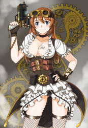Rule 34 | 1girl, absurdres, black panties, blouse, blue eyes, breast tattoo, breasts, charlotte e. yeager, cleavage, cowboy shot, fishnet thighhighs, fishnets, gears, goggles, hand on own hip, highres, hiroshi (hunter-of-kct), machinery, number tattoo, orange hair, panties, science fiction, shirt, solo, steam, steampunk, strike witches, tattoo, thighhighs, underwear, victorian, watch, white shirt, world witches series, wristwatch