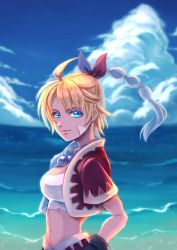 Rule 34 | 1girl, beach, bead necklace, beads, blonde hair, blue eyes, breasts, brown gloves, chrono cross, cloud, cloudy sky, crop top, cropped jacket, facial mark, gloves, hair ribbon, hand on own hip, highres, jacket, jewelry, kid (chrono cross), long hair, looking at viewer, medium breasts, midriff, multi-tied hair, navel, necklace, ocean, outdoors, ponytail, red jacket, red ribbon, red skirt, ribbon, shirt, short sleeves, skirt, sky, smile, solo, standing, upper body, white shirt, yawaraka bear