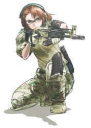 Rule 34 | 1girl, aiming, ak-102, assault rifle, brown hair, camouflage, didloaded, gloves, goggles, grey eyes, gun, hair ornament, hairclip, headphones, kalashnikov rifle, knee pads, magazine (weapon), original, reloading, rifle, scope, shadow, short hair, simple background, solo, sweatdrop, trigger discipline, weapon, white background
