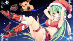 Rule 34 | 1girl, bare shoulders, bell, neck bell, boots, breasts, christmas, cleavage, collar, dodome-iro mayonnaise, gloves, green hair, hat, highres, large breasts, long hair, looking at viewer, navel, official art, original, red eyes, reindeer, santa costume, santa hat, skirt, solo, thigh strap