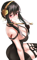 Rule 34 | 1girl, absurdres, ass, bad id, bad pixiv id, bare shoulders, black dress, black gloves, black hair, black thighhighs, blood, breasts, cleavage, dagger, dress, fingerless gloves, flower, gloves, gold hairband, hair flower, hair ornament, hairband, highres, knife, large breasts, long hair, looking at viewer, musicatopos, red eyes, rose, sidelocks, sitting, smile, solo, spy x family, thighhighs, thighs, weapon, yor briar
