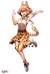 Rule 34 | 10s, absurdres, animal ears, armpits, bow, bowtie, breasts, elbow gloves, fang, gar32, gloves, hair between eyes, highres, kemono friends, medium breasts, middle finger, serval (kemono friends), serval print, serval tail, short hair, solo, standing, standing on one leg, tail, thighhighs, thighs, white background, yellow eyes