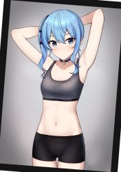 Rule 34 | 1girl, absurdres, armpits, arms behind head, arms up, bare arms, black shorts, blue eyes, blush, breasts, choker, cleavage, collarbone, grey background, hair between eyes, hair ribbon, highres, hololive, hoshimachi suisei, kenken (keuken), looking at viewer, navel, photo (object), ribbon, short shorts, shorts, side ponytail, sidelocks, sleeveless, small breasts, solo, sports bra, star (symbol), star choker, star in eye, symbol in eye, underwear, underwear only, virtual youtuber