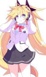 Rule 34 | 1girl, arms up, black skirt, blazer, blonde hair, blue eyes, blue shirt, bow, bowtie, clear (djmax), collared shirt, commentary request, cowboy shot, djmax, djmax respect, hair between eyes, hair ornament, hands on headphones, headphones, highres, jacket, long hair, pleated skirt, red bow, red bowtie, school uniform, shirt, skirt, smile, solo, standing, suzuno (suzuno3110), twintails, very long hair, white background