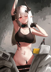 Rule 34 | 1girl, absurdres, arknights, armband, armpits, arms up, bare shoulders, black gloves, bottomless, breasts, cleavage, convenient censoring, cowboy shot, dhokidoki, earrings, gloves, gradient background, grey background, groin, highres, horns, infection monitor (arknights), jewelry, large breasts, looking at viewer, mudrock (arknights), mudrock (elite ii) (arknights), navel, one eye closed, open clothes, parted lips, pointy ears, red eyes, single earring, solo, sports bra, stomach, stretching
