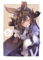 Rule 34 | 1girl, animal ears, blush, breasts, brown hair, closed eyes, detached sleeves, finger to mouth, frilled sleeves, frills, galleon (granblue fantasy), gloves, granblue fantasy, highres, horns, large breasts, long hair, mayusaki yuu, multicolored hair, pointy ears, shushing, solo, streaked hair, very long hair, white gloves