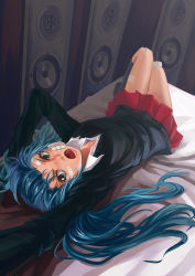 Rule 34 | 1girl, :o, absurdres, aqua hair, bandages, bandaid, bed, green eyes, hatsune miku, highres, long hair, lying, on back, open mouth, rolling girl (vocaloid), skirt, solo, speaker, upside-down, vocaloid, xiamianliele