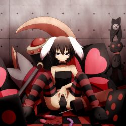 Rule 34 | 1girl, alternate color, alternate costume, anal beads, animal ears, bad id, bad pixiv id, black eyes, black hair, choker, dildo, female focus, highres, inaba rapid, inaba tewi, kuroba rapid, rabbit ears, rapid inaba, sex toy, short hair, sitting, smile, solo, spread legs, striped clothes, striped thighhighs, thighhighs, touhou, underwear