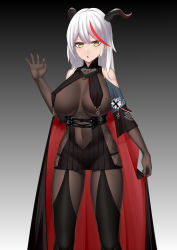Rule 34 | 1girl, absurdres, aegir (azur lane), azur lane, bare shoulders, black cape, black gloves, black legwear, black skirt, bodystocking, breast curtains, cape, clothing cutout, cross, cross-laced clothes, cross earrings, demon horns, earrings, elbow gloves, gloves, highres, horns, huahuademaomaotou, impossible clothes, iron cross, jewelry, long hair, looking at viewer, microskirt, multicolored hair, red hair, skin tight, skirt, solo, stomach cutout, streaked hair, two-tone hair, underbust, white hair, yellow eyes