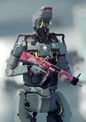 Rule 34 | 1other, absurdres, ace (playing card), ace of spades, animal ears, assault rifle, bad id, bad pixiv id, blurry, blurry background, cat ears, cat girl, cowboy shot, decal, gun, highres, holding, holding gun, holding weapon, humanoid robot, kusami toka naku au, looking ahead, one-eyed, original, pink hair, piston, playing card, red eyes, rifle, robot, science fiction, spade (shape), spade print, standing, trigger discipline, weapon