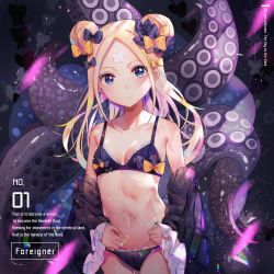 Rule 34 | 1girl, abigail williams (fate), absurdres, bare shoulders, bikini, black bikini, black bow, black dress, blonde hair, bow, breasts, character name, closed mouth, collarbone, commentary request, double bun, dress, english text, fate/grand order, fate (series), frilled bikini, frills, hair bun, head tilt, highres, long hair, long sleeves, mao ge, navel, off shoulder, orange bow, polka dot, polka dot bow, side bun, sleeves past wrists, small breasts, smile, solo, suction cups, swimsuit, tentacles