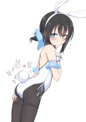 Rule 34 | 1girl, animal ears, ass, black hair, black pantyhose, blue bow, blue eyes, blush, bow, closed mouth, commentary request, cowboy shot, detached sleeves, fake animal ears, fake tail, hair between eyes, hair bow, highleg, highleg leotard, highres, leotard, looking at viewer, nonono (mino), original, pantyhose, playboy bunny, rabbit ears, rabbit tail, short hair, short sleeves, side-tie leotard, simple background, solo, strapless, strapless leotard, tail, thighband pantyhose, white background, white leotard, wrist cuffs
