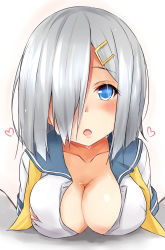 Rule 34 | 10s, 1girl, absurdres, blue eyes, blush, breast rest, breasts, cleavage, hair ornament, hair over one eye, hairclip, hamakaze (kancolle), highres, kantai collection, large breasts, neckerchief, no bra, open clothes, open mouth, open shirt, saku (kudrove), school uniform, serafuku, shirt, short hair, silver hair, solo, upper body, yellow neckerchief