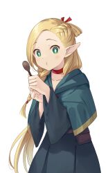 Rule 34 | 1girl, :t, blonde hair, blue capelet, blue robe, braid, bright pupils, capelet, choker, dungeon meshi, elf, green eyes, hair ribbon, highres, holding, holding spoon, long hair, looking at viewer, marcille donato, na-ga, pointy ears, red choker, ribbon, robe, simple background, solo, spoon, upper body, white background, white pupils