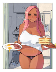 Rule 34 | 1girl, bacon, blush, breasts, dark-skinned female, dark skin, earrings, egg, english text, food, frown, green eyes, highres, jewelry, kitchen, large breasts, messy hair, midriff peek, navel, no bra, no pants, ohasi, omelet, original, outside border, pancake, panties, pink (ohasi), pink hair, plump, sausage, shirt, slipping top, striped clothes, striped panties, thick thighs, thighs, trash can, underwear, utensil in mouth, white shirt