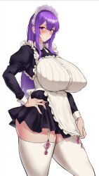 Rule 34 | 1girl, absurdres, apron, black dress, blush, breasts, commentary request, covered erect nipples, dress, frilled apron, frills, garter straps, hand on own hip, highres, huge breasts, jinmeii, juliet sleeves, legs apart, long hair, long sleeves, looking at viewer, maid, maid headdress, original, pink eyes, pink ribbon, puffy sleeves, purple hair, ribbon, simple background, solo, standing, straight hair, thighhighs, timestamp, very long hair, white apron, white background, white garter straps, white thighhighs, zettai ryouiki