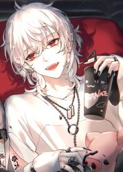 Rule 34 | 1boy, black nails, buta (kuzuha), chain, chain necklace, cinema (vocaloid), cup, ear piercing, facing viewer, highres, holding, holding cup, jewelry, kuzuha (nijisanji), looking to the side, male focus, medium hair, nagi (meow milk), necklace, nijisanji, open mouth, piercing, pointy ears, red eyes, short sleeves, smile, solo, virtual youtuber, vocaloid, white hair
