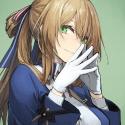 Rule 34 | 1girl, banned artist, blue jacket, breasts, commentary, girls&#039; frontline, gloves, green background, green eyes, hair between eyes, hair ribbon, hair rings, highres, jacket, long hair, long sleeves, looking at viewer, mikoto (oi plus), parted lips, ponytail, ribbon, simple background, sketch, solo, springfield (girls&#039; frontline), steepled fingers, upper body, white gloves
