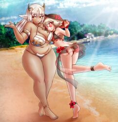 Rule 34 | 2girls, ash (fire emblem), bikini, breasts, dark skin, fire emblem, fire emblem heroes, grey hair, highres, horns, large breasts, looking at viewer, multiple girls, nintendo, official alternate hairstyle, red eyes, short hair, sidelocks, small breasts, swimsuit, veronica (fire emblem), white hair