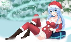Rule 34 | 1girl, :d, bare shoulders, blue eyes, blue hair, boots, breasts, christmas, cleavage, collarbone, fir tree, full body, fur trim, gift, hat, highres, kami jigen game neptune v, kiseijou rei, leaning back, long hair, long sleeves, looking at viewer, medium breasts, neptune (series), open mouth, outdoors, red thighhighs, santa costume, santa hat, sitting, smile, solo, symbol-shaped pupils, thighhighs, tree, weresdrim