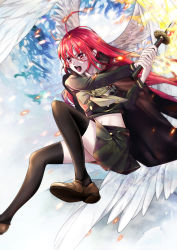Rule 34 | 1girl, :d, absurdres, ahoge, alastor (shakugan no shana), black thighhighs, brown footwear, crop top, feathered wings, floating hair, gosen (hsiayun422), green shirt, green skirt, hair between eyes, highres, holding, holding sword, holding weapon, loafers, long hair, midriff, miniskirt, navel, open mouth, pleated skirt, red eyes, red hair, shakugan no shana, shana, shirt, shoes, skirt, smile, solo, stomach, sword, thighhighs, v-shaped eyebrows, very long hair, weapon, white wings, wings, zettai ryouiki