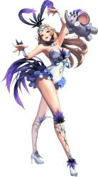 Rule 34 | 1girl, alternate costume, arm up, bare shoulders, breasts, chaos online, dancing, detached collar, elephant, feathers, full body, garitos, high heels, highres, leotard, light brown hair, long hair, long legs, looking at viewer, love cacao, official art, open mouth, red eyes, solo, transparent background