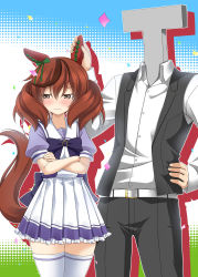 Rule 34 | 1boy, 1girl, animal ears, blush, brown eyes, commentary request, crossed arms, hand on another&#039;s ear, highres, horse ears, horse girl, horse tail, looking away, medium hair, nice nature (umamusume), rappa (rappaya), red hair, school uniform, simple background, t-head trainer, tail, thighhighs, touching ears, tracen school uniform, umamusume