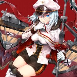 Rule 34 | 1girl, azur lane, banner, blue eyes, boots, breasts, cannon, cleavage, cross, cross earrings, earrings, fur-trimmed boots, fur trim, gloves, hair between eyes, hand on own chin, hat, highres, holding, holding pole, jewelry, large breasts, long hair, looking at viewer, machinery, military, military uniform, norwegian flag, peaked cap, pencil skirt, pole, rigging, shaded face, short hair, silver hair, sitting, skirt, solo, sukemyon, thighhighs, thighs, tirpitz (azur lane), turret, uniform, white gloves