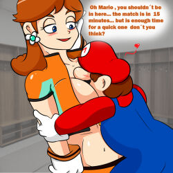 Rule 34 | 1boy, 1girl, between breasts, blush, breasts, brown hair, english text, gloves, hand on own face, head between breasts, heart, highres, large breasts, legs, mario, mario (series), midriff, navel, nintendo, no bra, open clothes, open mouth, overalls, princess daisy, short hair, shorts, smile, soccer uniform, sportswear, super mario strikers, thighs