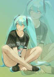 Rule 34 | 1girl, absurdres, alternate costume, aqua background, aqua eyes, aqua footwear, aqua hair, black footwear, black shirt, black shorts, eyelashes, fishnet pantyhose, fishnets, full body, gradient background, green background, hair between eyes, hair ornament, hatsune miku, highres, indian style, legs, long hair, looking to the side, miao jiangyou, open mouth, pantyhose, parted lips, shirt, short shorts, short sleeves, shorts, sidelocks, sitting, t-shirt, twintails, two-tone footwear, very long hair, vocaloid, zoom layer
