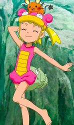 Rule 34 | 1girl, barefoot, blonde hair, bonnie (pokemon), child, creatures (company), dedenne, game freak, gen 1 pokemon, gen 6 pokemon, highres, nintendo, pokemon, pokemon (anime), pokemon (creature), pokemon xy, slowbro, smile, swimsuit