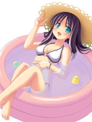 Rule 34 | 1girl, atsushima you, ball, bare shoulders, barefoot, bikini, blue eyes, bracelet, brown hair, hat, jewelry, long hair, o-ring, o-ring top, open mouth, purple hair, ringed eyes, simple background, solo, straw hat, sun hat, swimsuit, wading pool, water, white background, white bikini