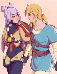 Rule 34 | 1boy, 1girl, blonde hair, blue bodysuit, blue eyes, blue shirt, blush, bodysuit, bodysuit under clothes, brown eyes, charlyarts, facial mark, forehead mark, hat on back, highres, holding hands, hyrule warriors: age of calamity, impa, link, nintendo, pointy ears, sheikah, shirt, shorts, the legend of zelda, the legend of zelda: breath of the wild, white hair