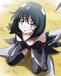 Rule 34 | 10s, 1girl, black gloves, black hair, black thighhighs, blue eyes, breasts, cleavage, downblouse, elbow gloves, from above, gloves, happinesscharge precure!, haruyama kazunori, kneeling, looking at viewer, precure, queen mirage, short hair, small breasts, solo, spoilers, thighhighs